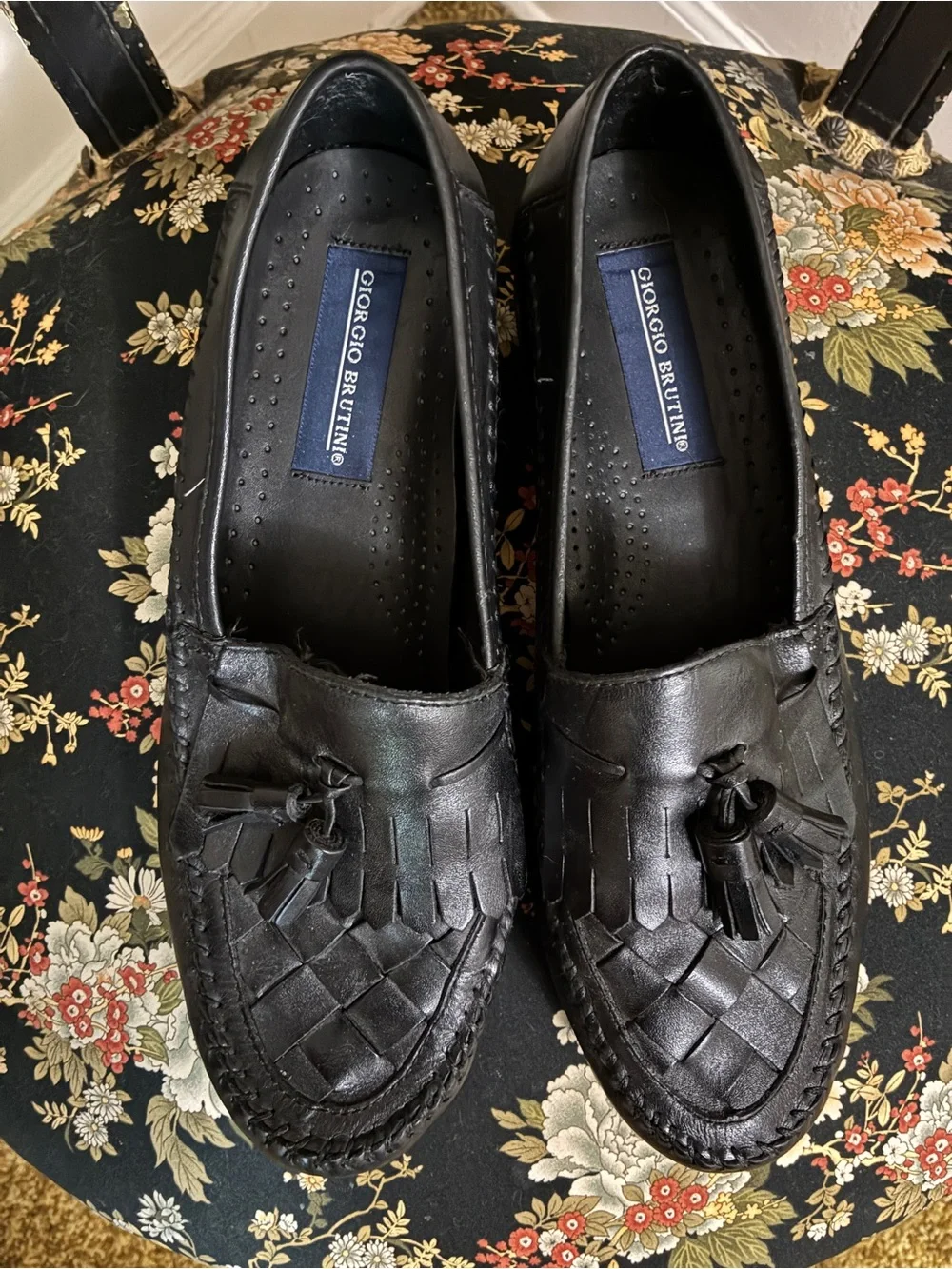 Giorgio Brutini “Naples” Black Woven Tassel Leather Loafers